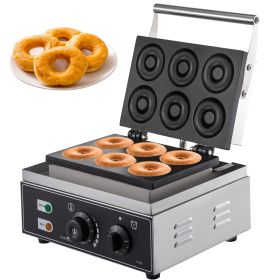 VEVOR 110V Commercial Waffle Donut Machine 6 Holes Double-Sided Heating 50-300°C, Electric Doughnut Maker 1550W